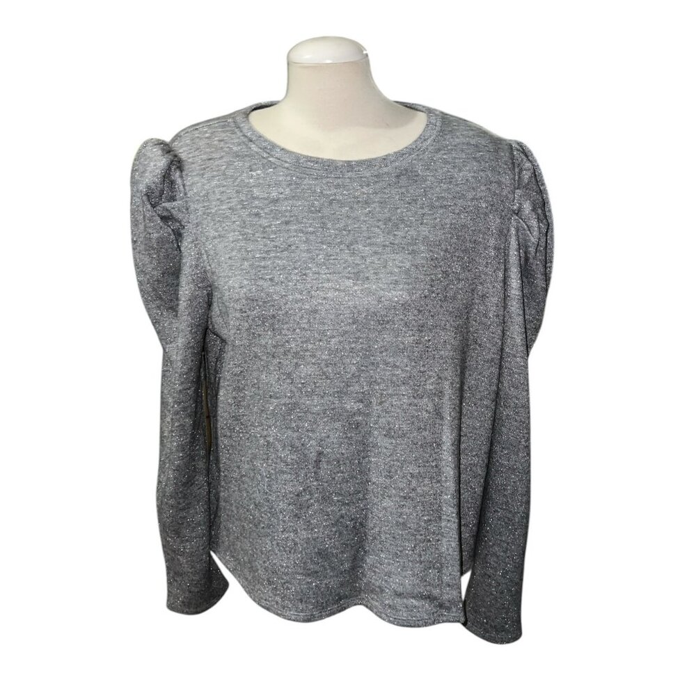 Les Serein Silver Puff Sleeve Sweater Womens Sz XXL Lightweight Rayon Blend Crew